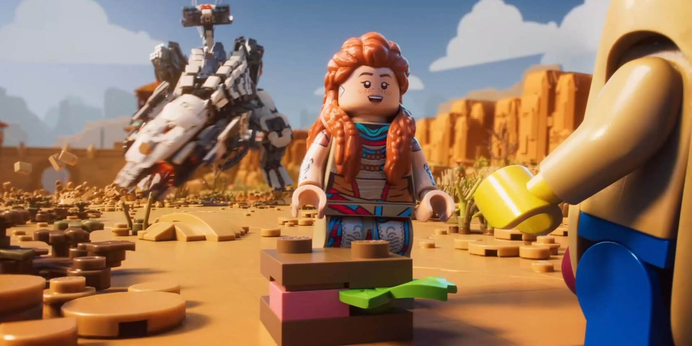 A screenshot of Aloy talking to a LEGO Minifigure in a Hot Dog costume in LEGO Horizon Adventures.