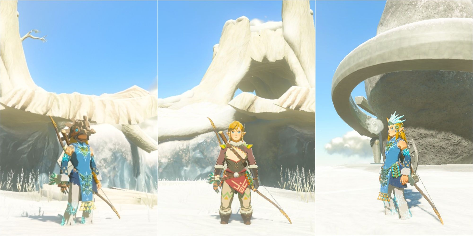 Link with three different armor in Zelda Tears of The Kingdom
