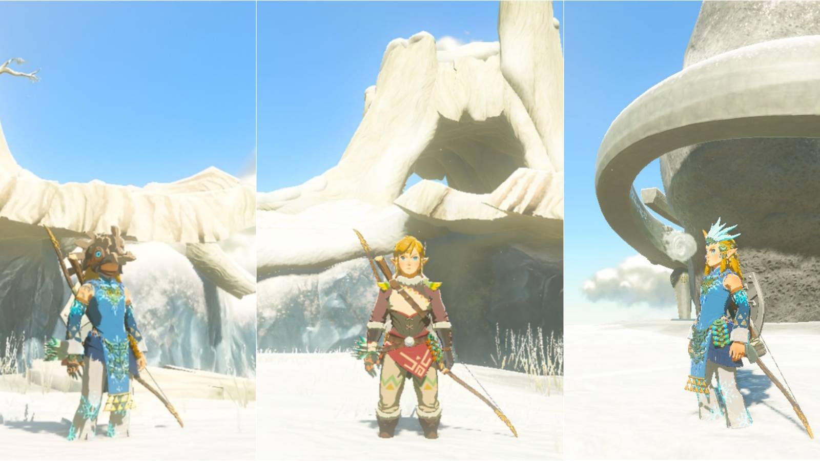 Link with three different armor in Zelda Tears of The Kingdom