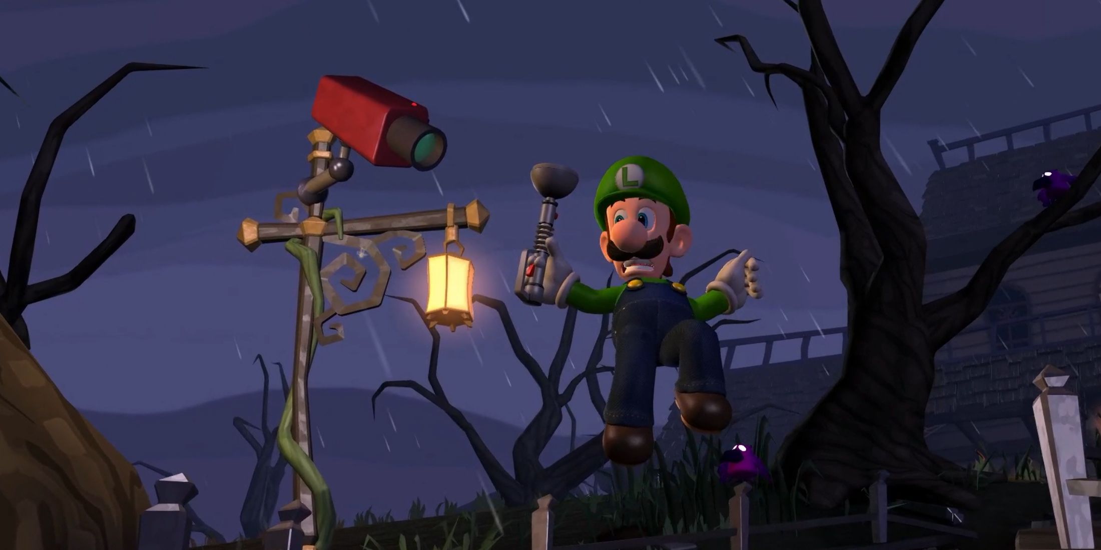 A screenshot of Luigi jumping beside a weather vein with a camera in front of it in Luigi's Mansion 2 HD.