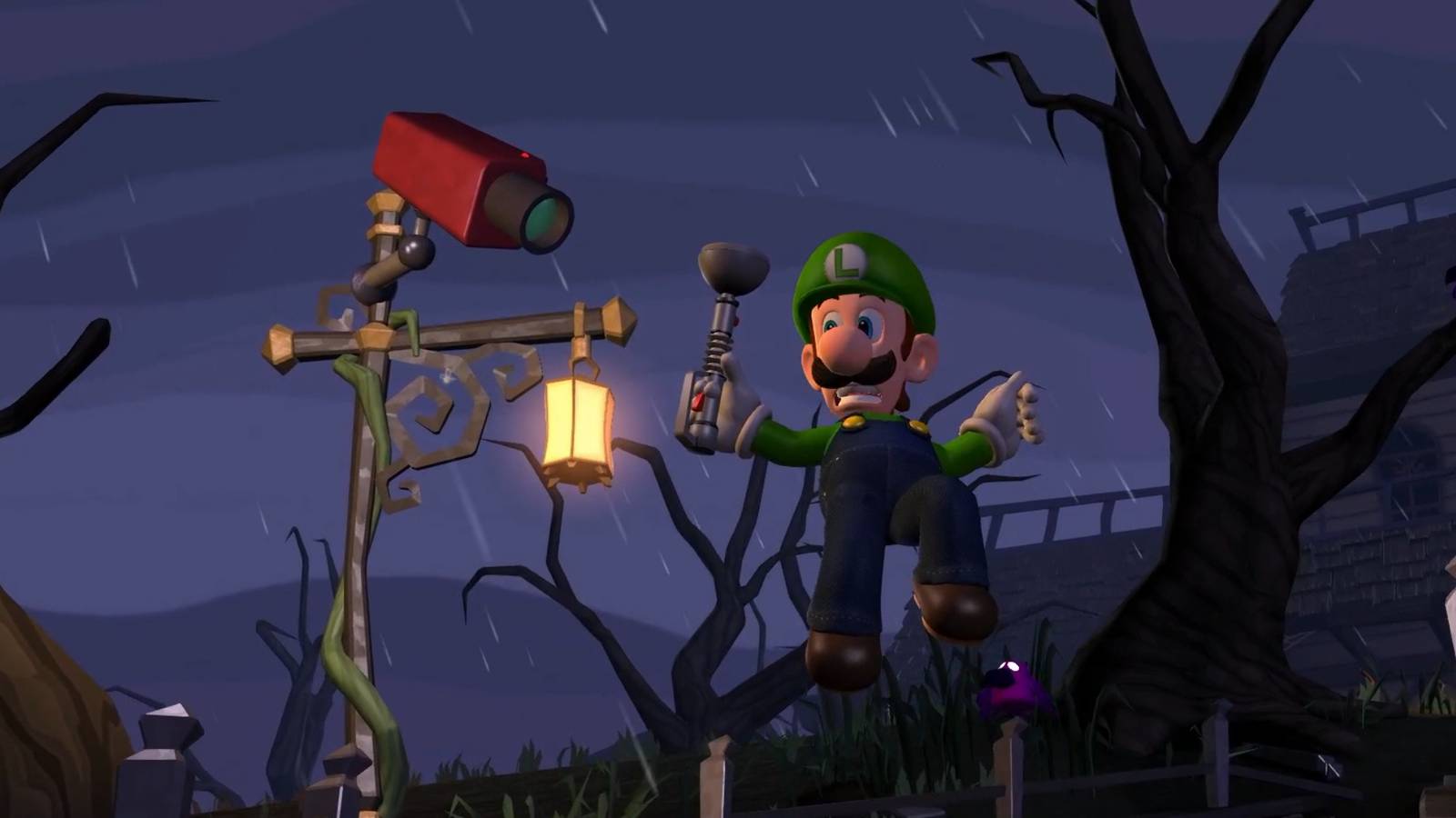 A screenshot of Luigi jumping beside a weather vein with a camera in front of it in Luigi's Mansion 2 HD.