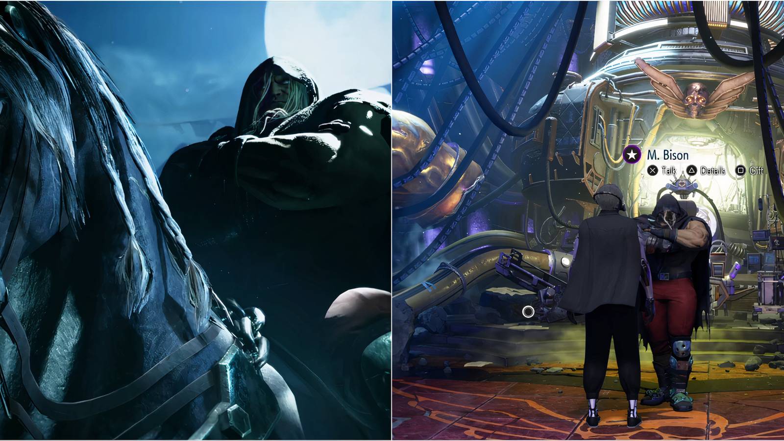 Split image shoiwng M. Bison on his horse and in Ruined Lab.