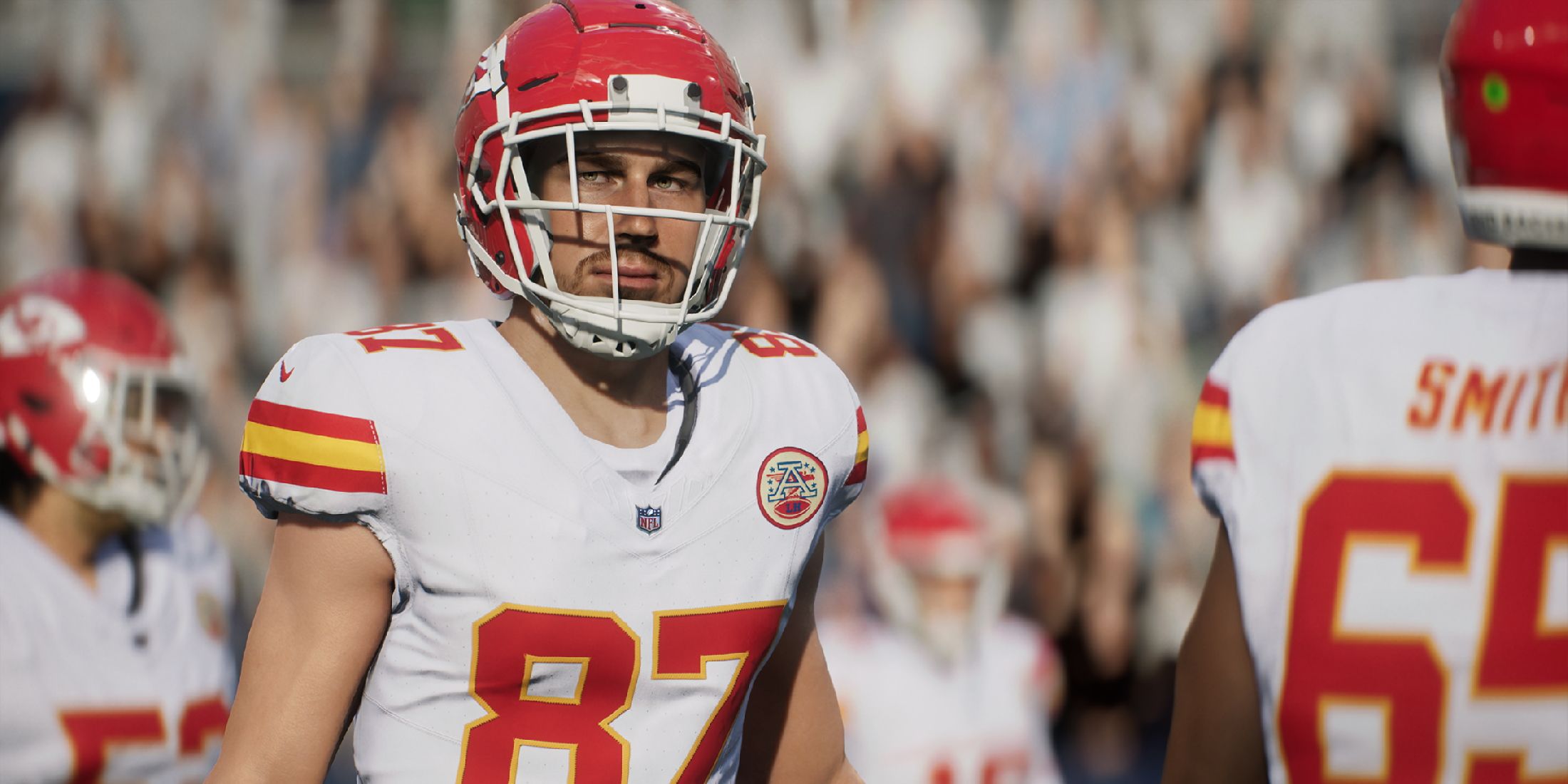 A promotional visual from Madden NFL 25 showing the Kansas City Chiefs' Travis Kelce.