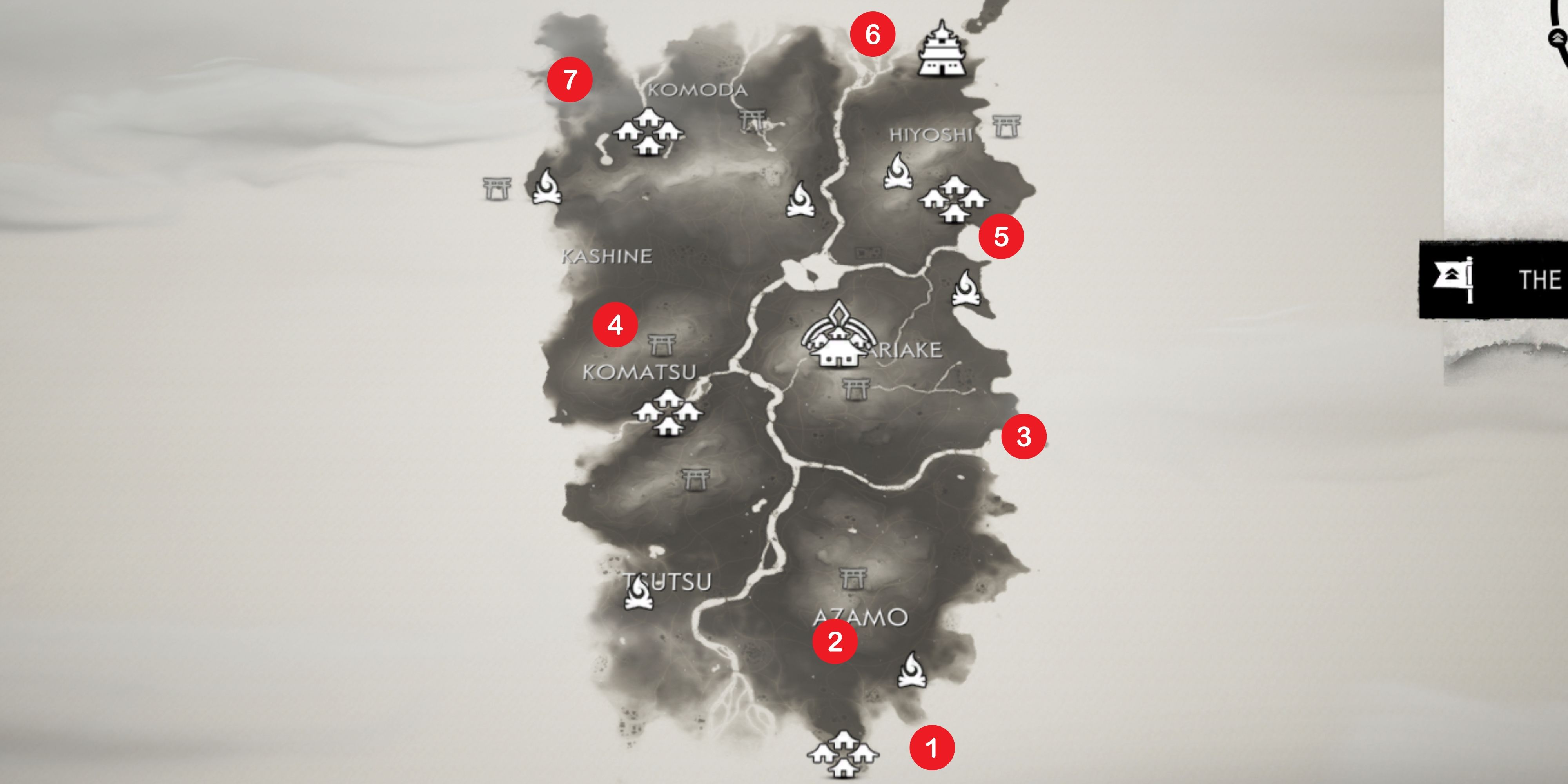 map showing all pillars of honor in izuhara in ghost of tsushima