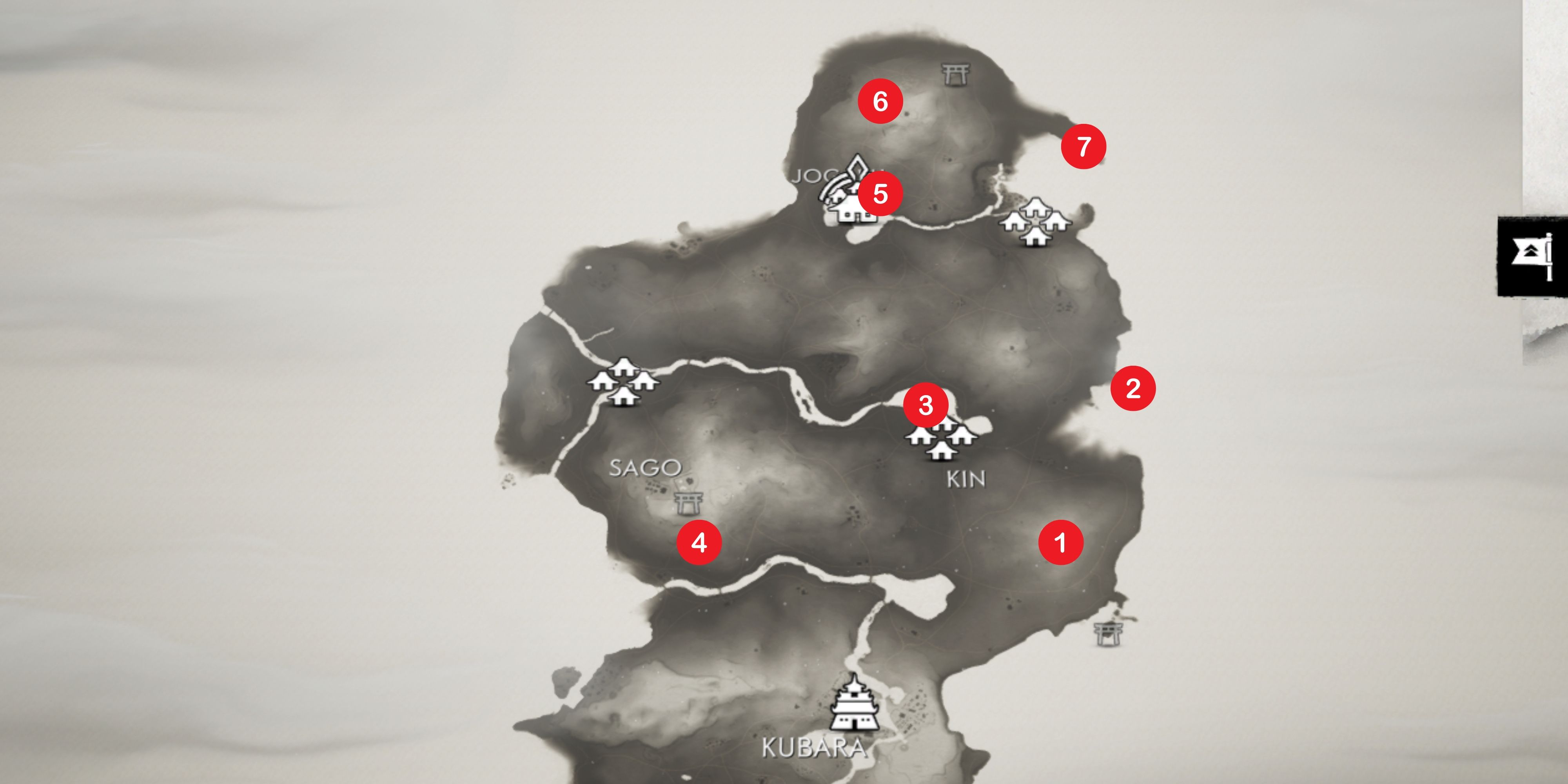 map showing all pillars of honor in kamiagata in ghost of tsushima