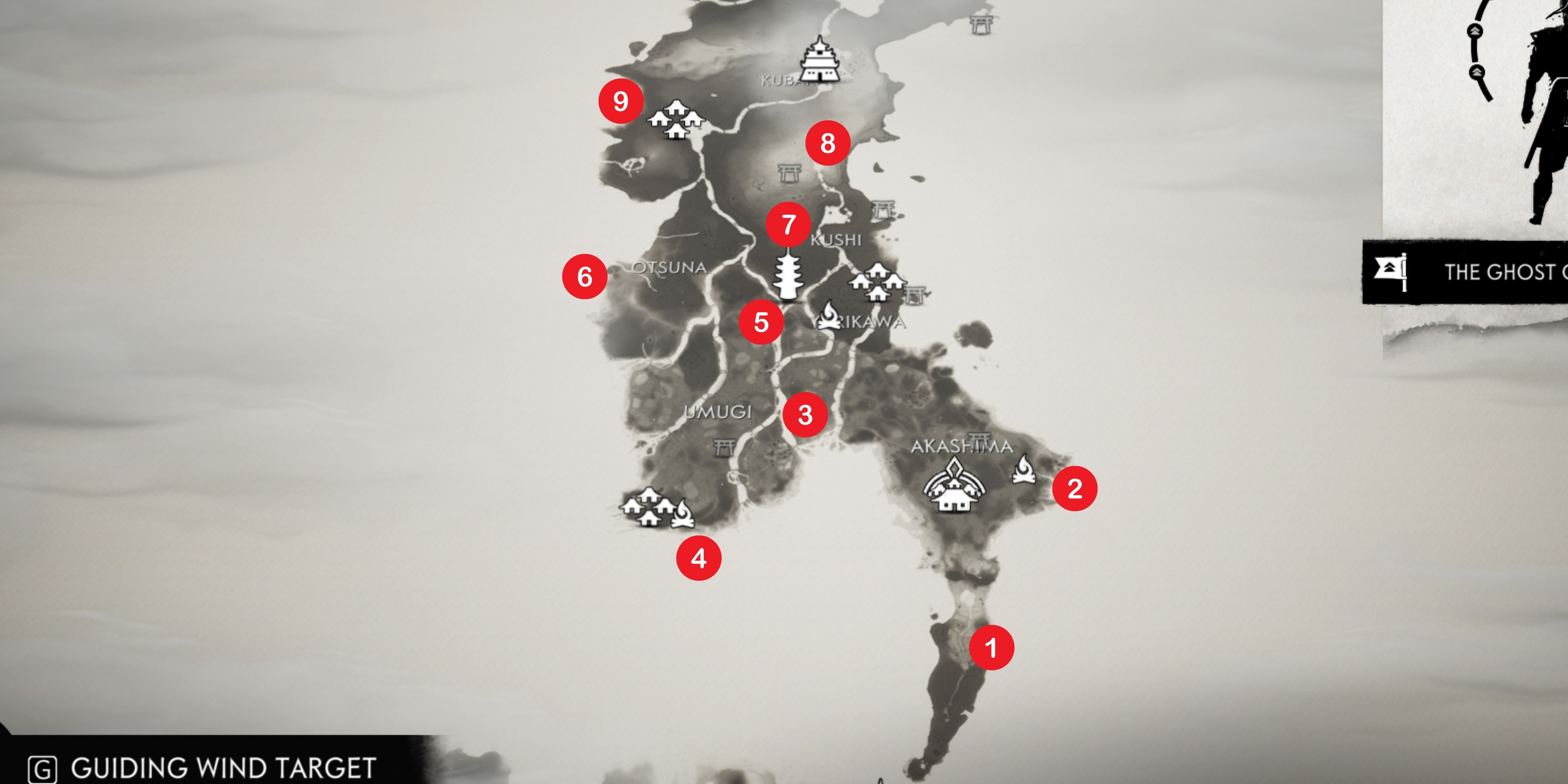 map showing all pillars of honor in toyotama in ghost of tsushima