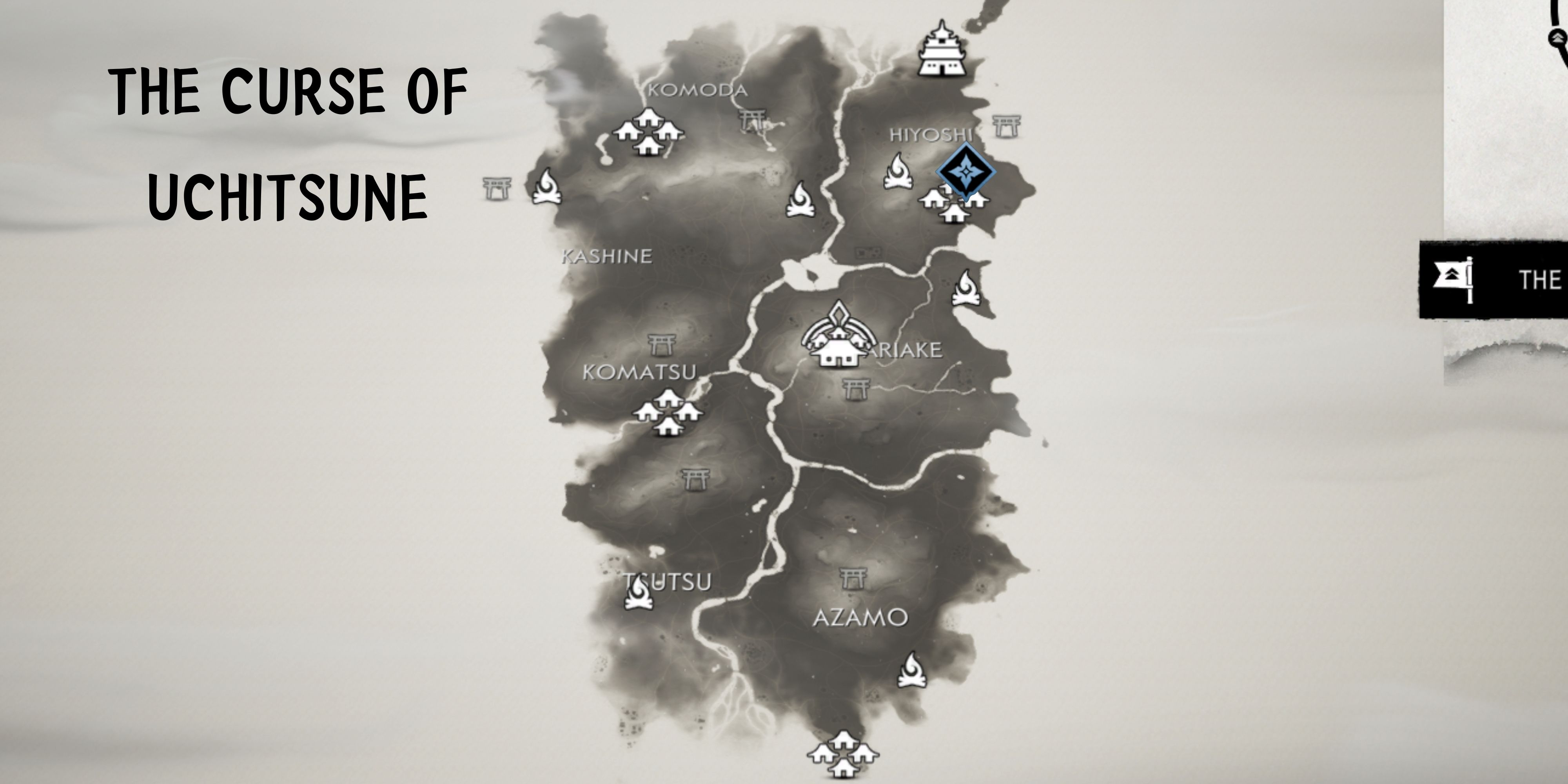 map showing the curse of uchitsune mythic tale in Izuhara in ghost of tsushima