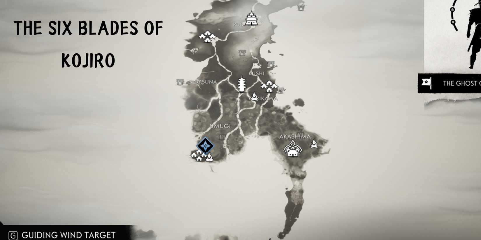 map showing the six blades of kojiro mythic tale in toyotama in ghost of tsushima