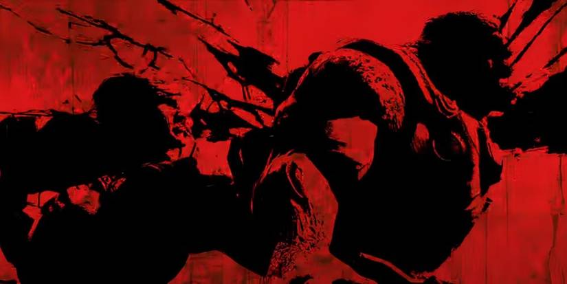 Marcus using a chainsaw on a Locust from behind with a red background in Gears of War 2