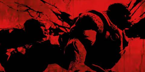 Marcus using a chainsaw on a Locust from behind with a red background in Gears of War 2