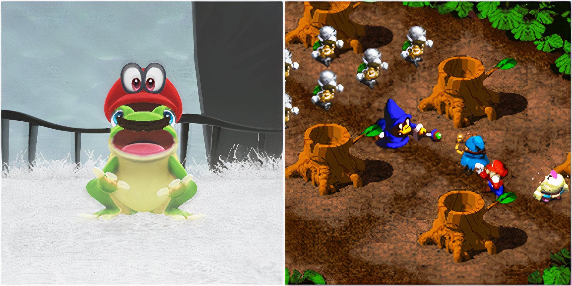 Mario as a frog in Super Mario Odyssey and A scene featuring characters in Super Mario RPG Legend of the Seven Stars