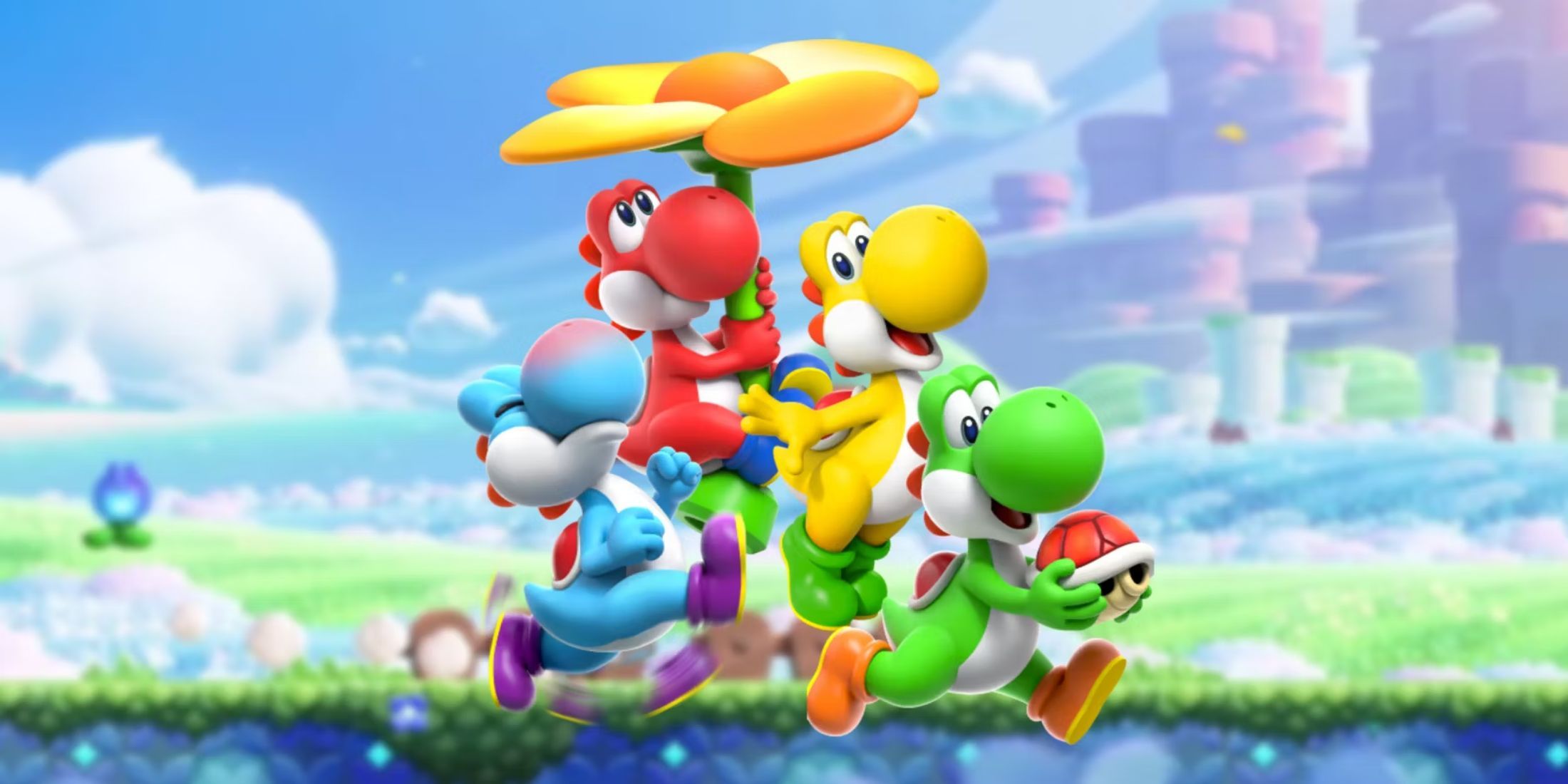 Four different colored Yoshis under a flower umbrella