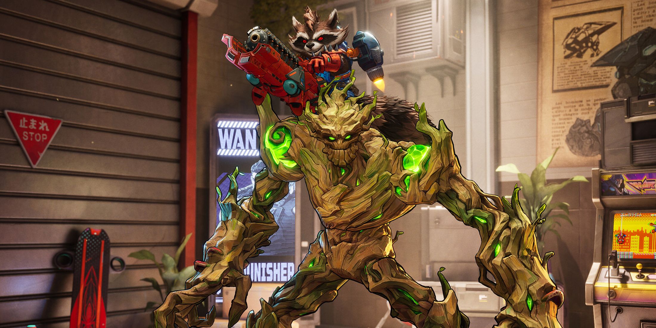 A screenshot of Rocket Racoon riding Groot's shoulders in Marvel Rivals.
