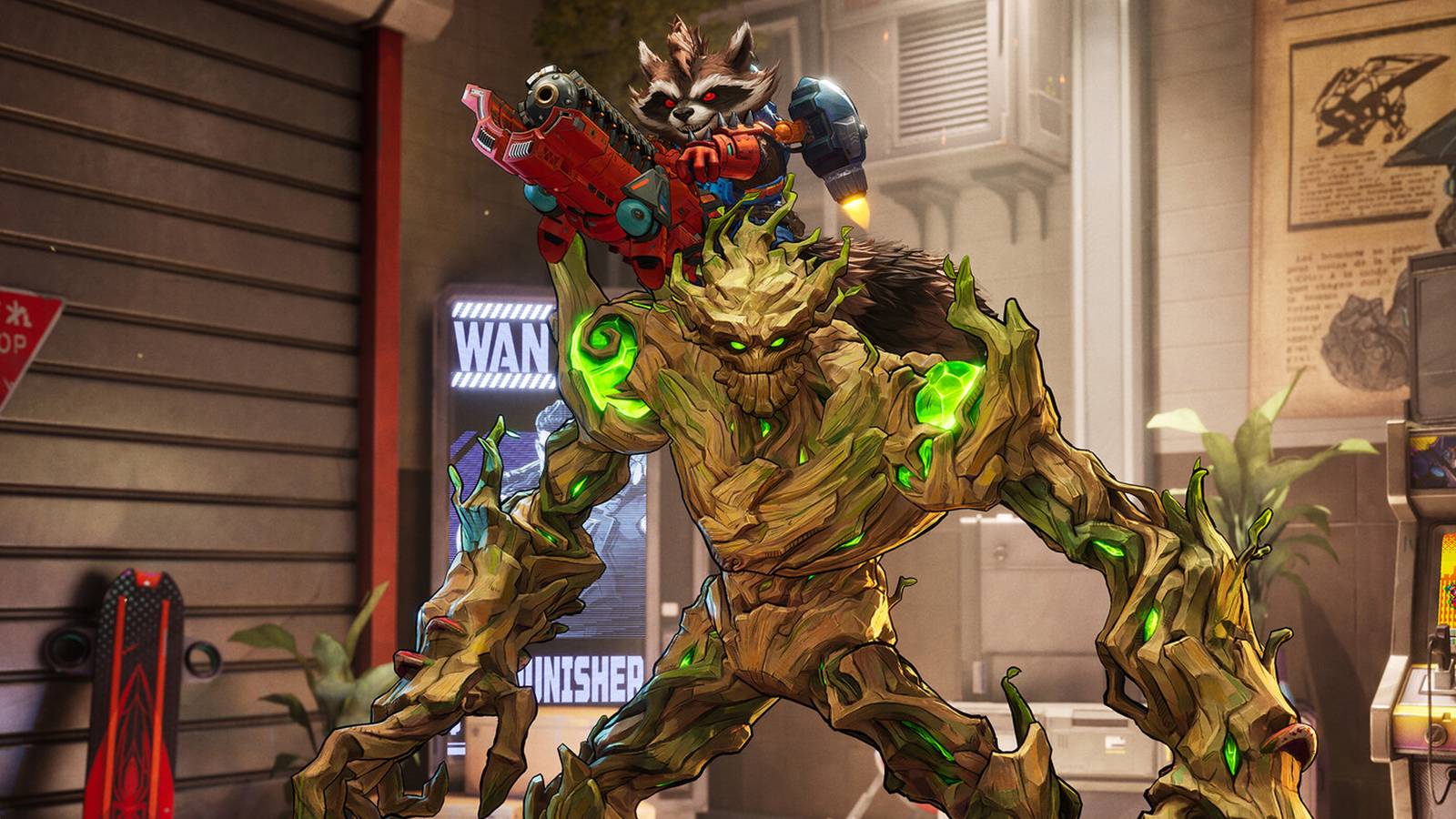 A screenshot of Rocket Racoon riding Groot's shoulders in Marvel Rivals.