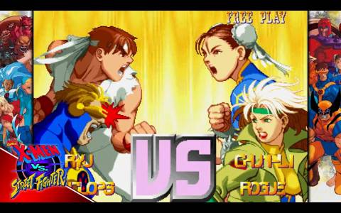 A screenshot of Ryu, Cyclops, Chun-Li, and Rogue in Marvel vs. Capcom Fighting Collection: Arcade Classics.