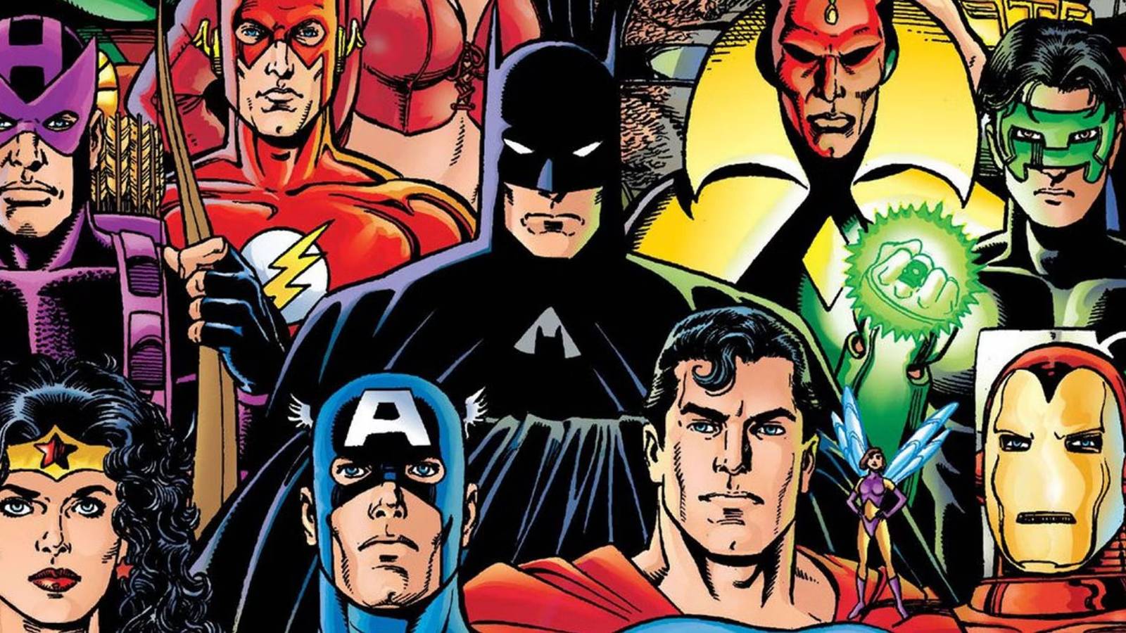 Several characters from Marvel and DC, including Superman, Captain America, and Batman