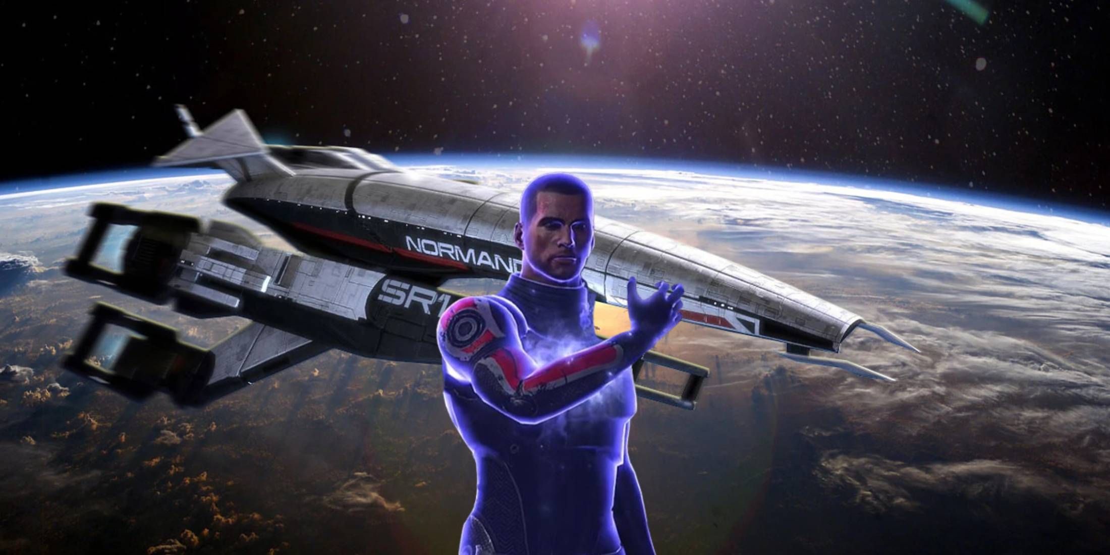 Adept Commander Shepard standing in front of the Normandy from Mass Effect