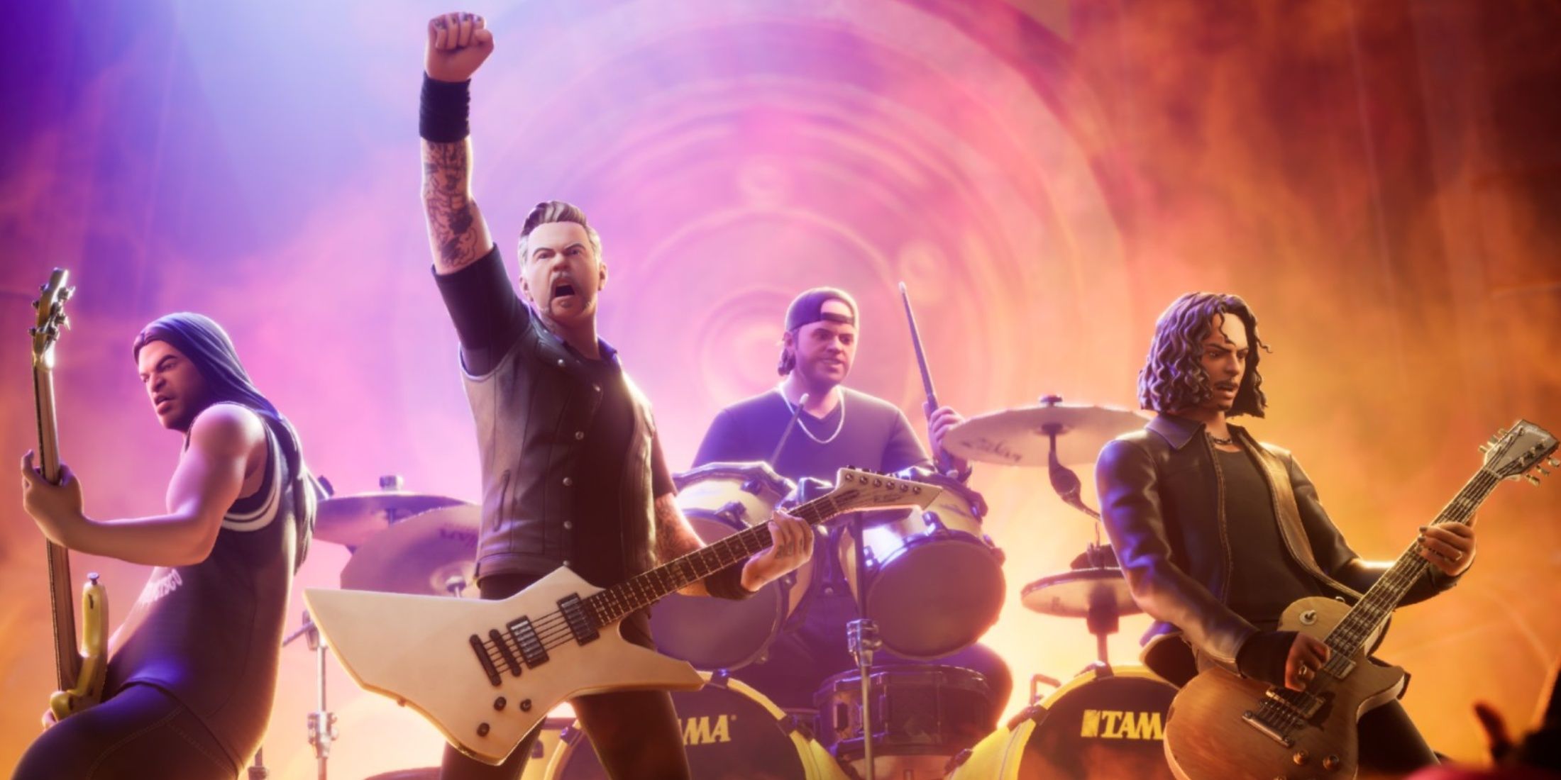 metallica band as fortnite characters singing on stage