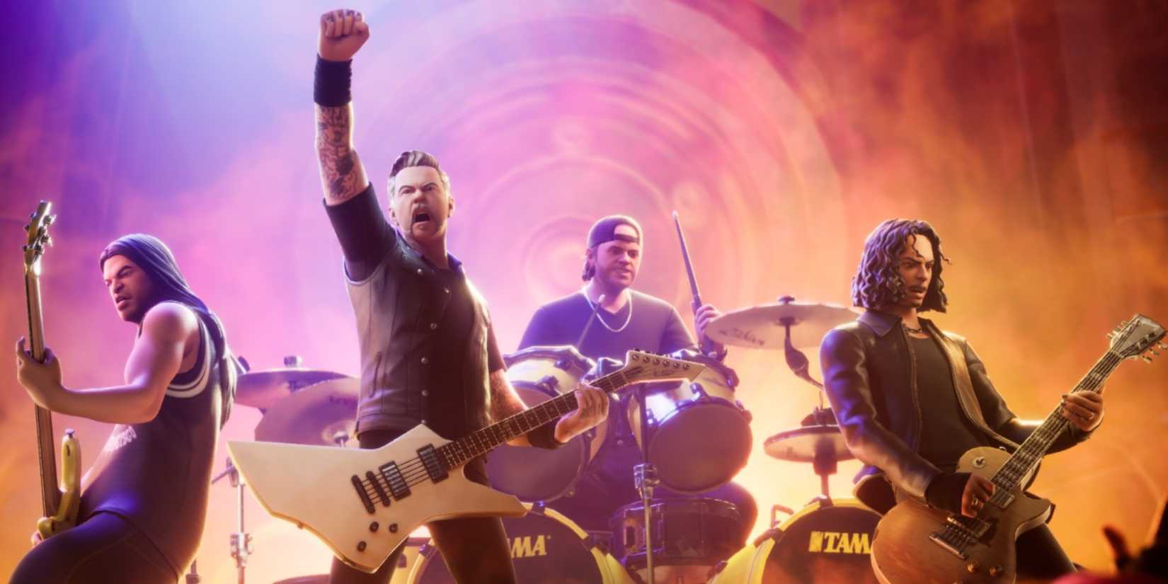 metallica band as fortnite characters singing on stage