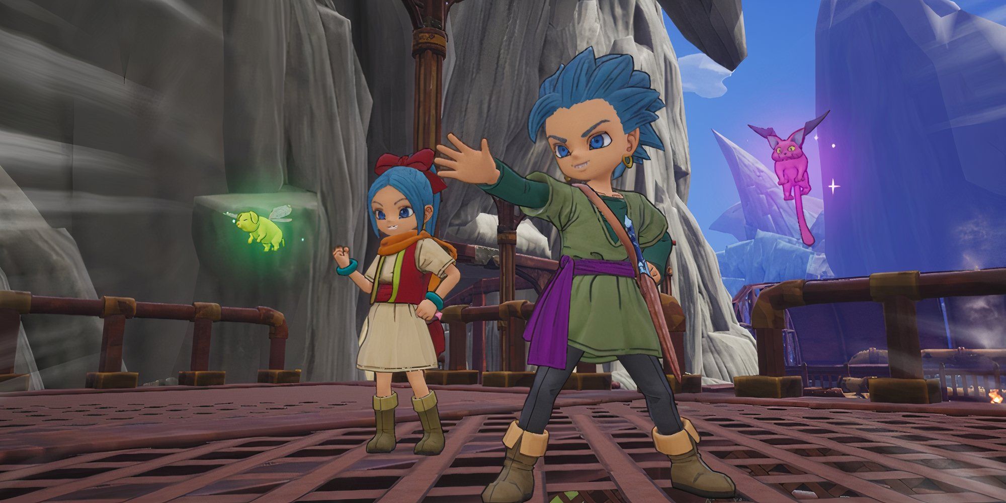 Mia, Erik, and their monsters in Dragon Quest Treasures