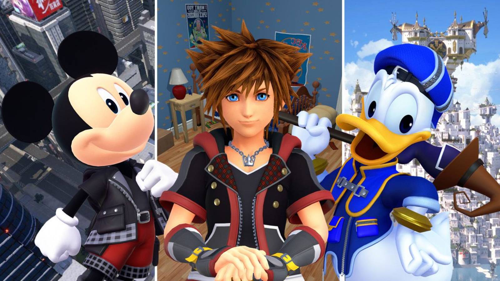 Mickey Mouse, Sora, and Donald Duck in Kingdom Hearts 3