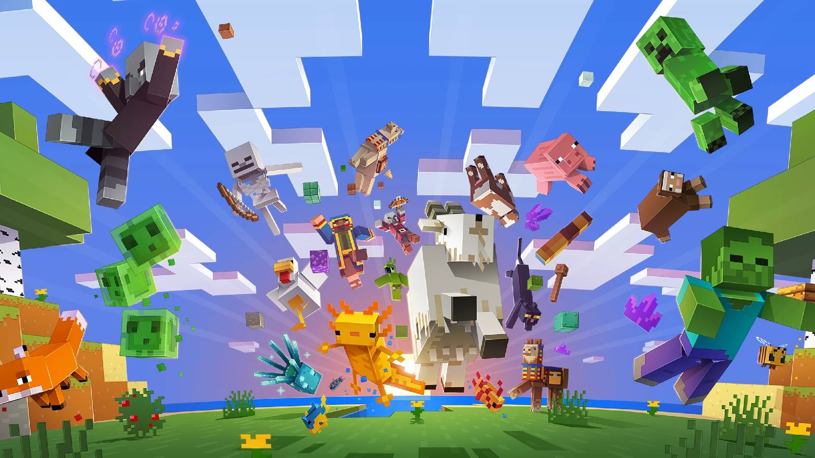 A key visual for Minecraft showing several of the game's mobs.