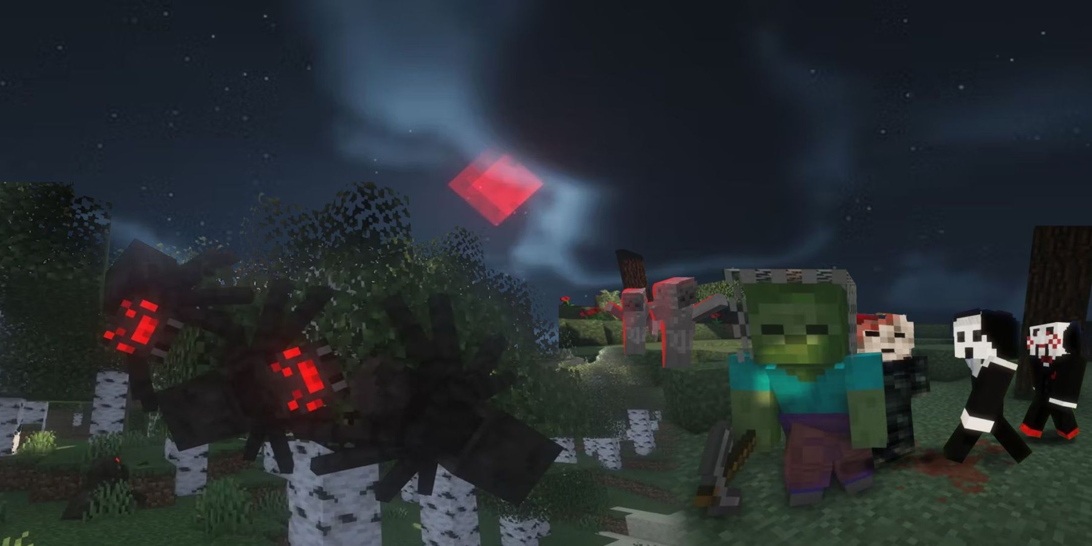 A collage of different mobs roaming a Minecraft world at night