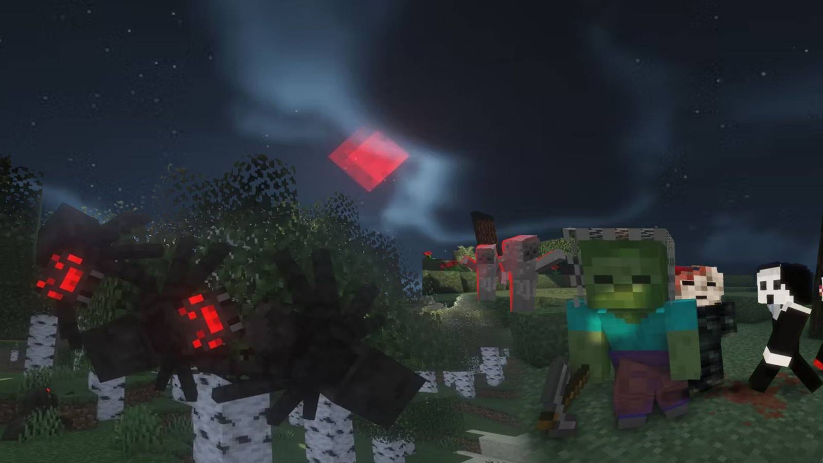 A collage of different mobs roaming a Minecraft world at night
