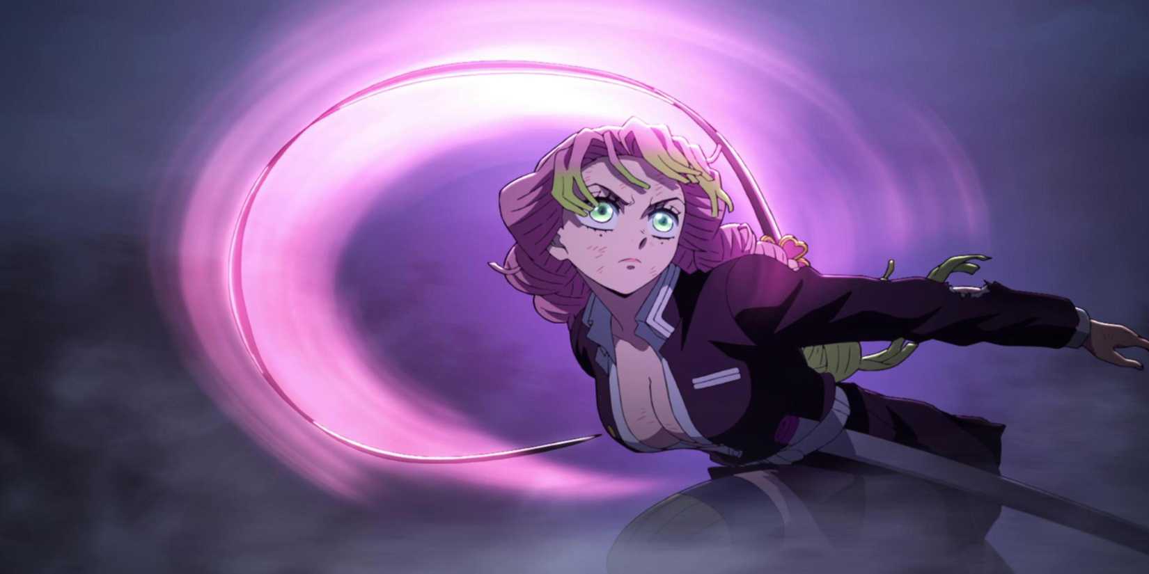 Mitsuri Kanroji uses Love Breathing against Upper Moon 4 Hantengu in Demon Slayer.