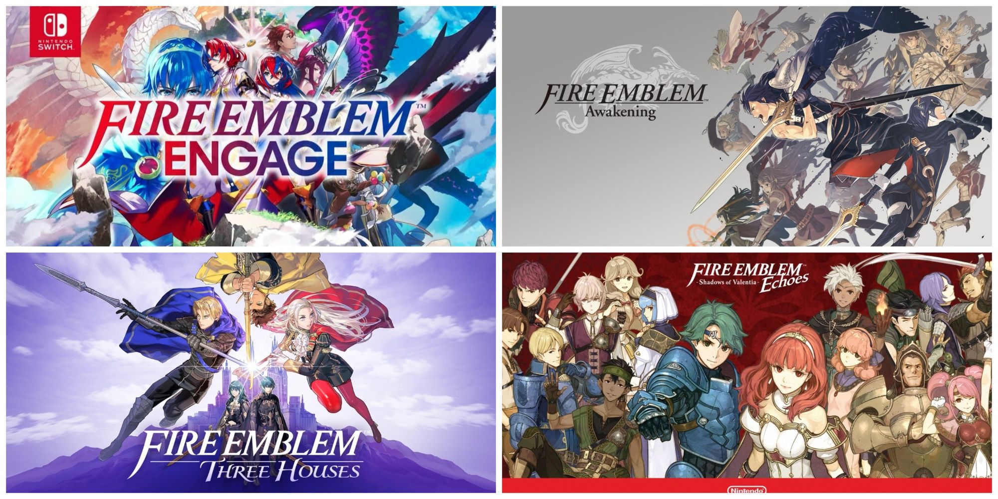 Collage of Four Fire Emblem Games: Engage, Awakening, Three Houses, and Echoes: Shadows of Valentia