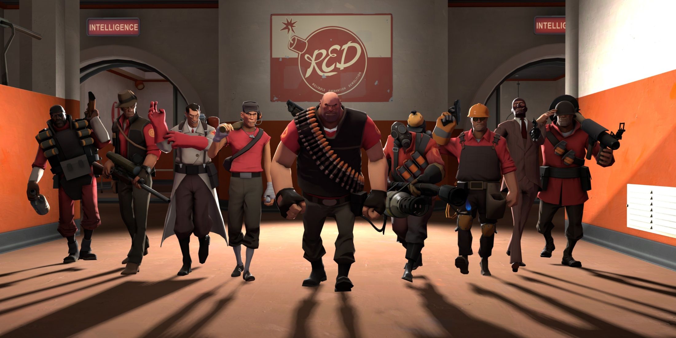 The main cast of Team Fortress 2 walking in a hallway.