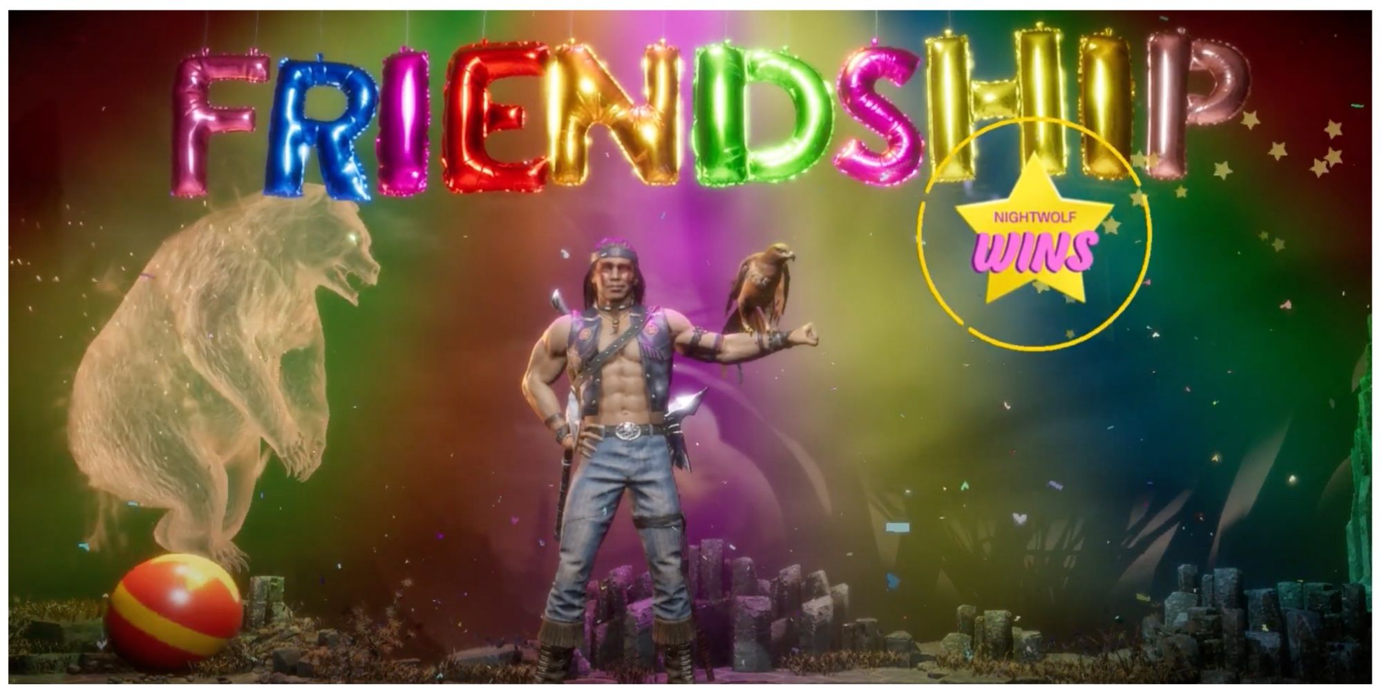 Nightwolf's Friendship in MK11; shows a falcon resting on his arm and bear spirit, Komo balancing on a ball