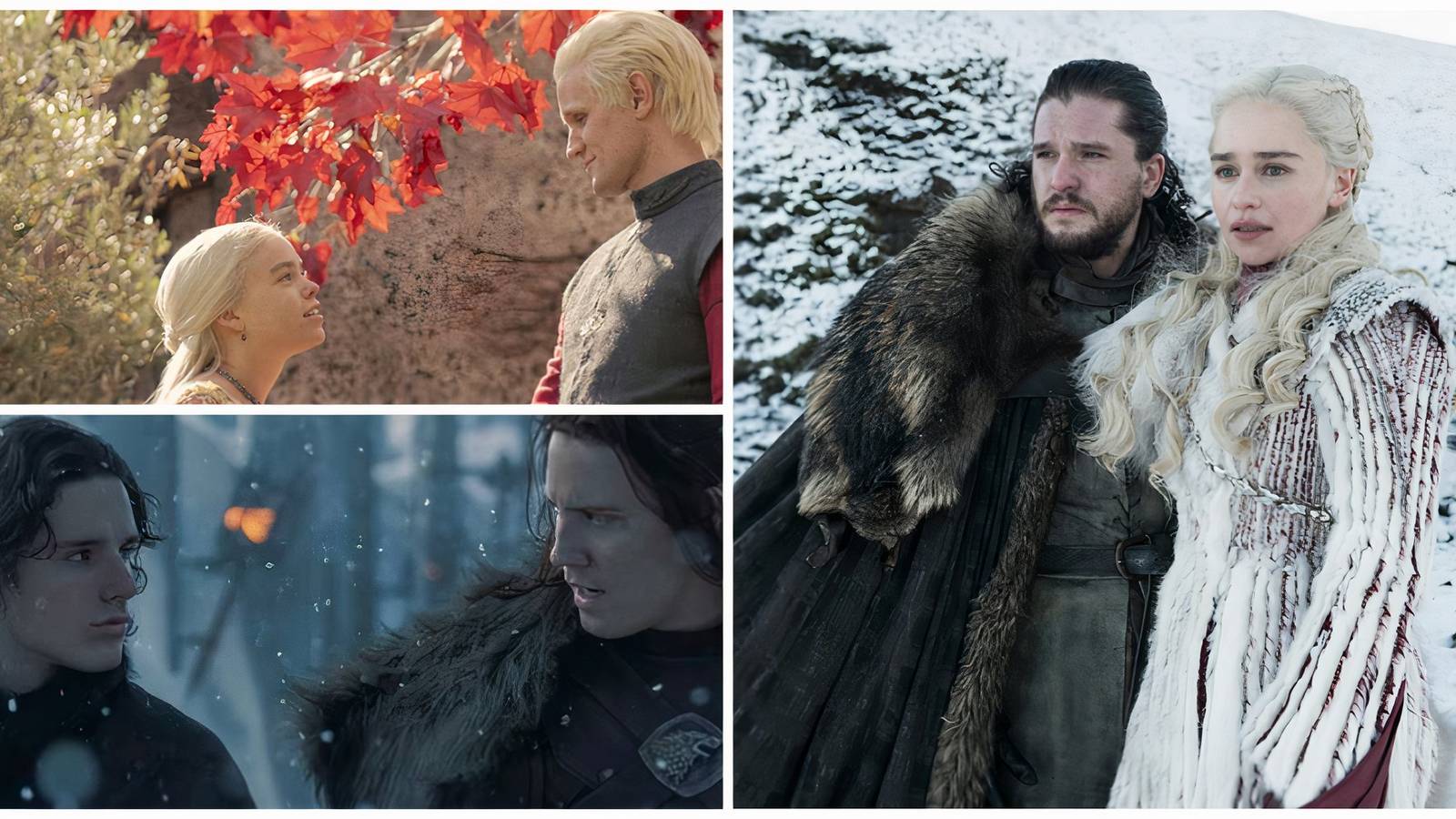 House of the Dragon characters Rhaenyra Targaryen Daemon Targaryen Jacaerys Velaryon and Cregan Stark and Game of Thrones characters Jon Snow Daenerys Targaryen.