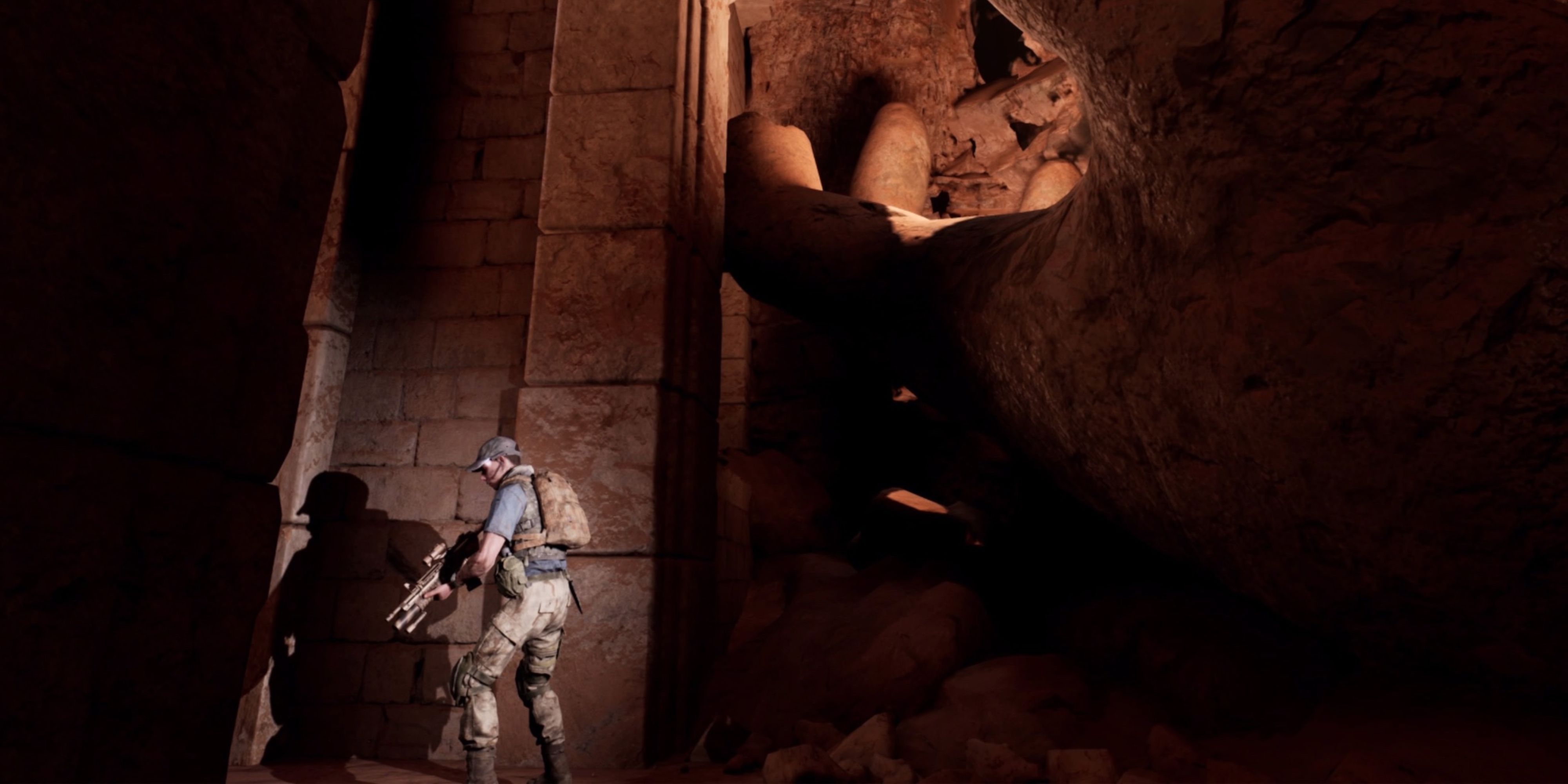 6 Horror Games Set Within A Warzone A US soldier walks in the dark of a underground temple