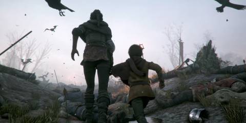 A girl leads her young brother through a field of dead-  A Plague Tale: Innocence