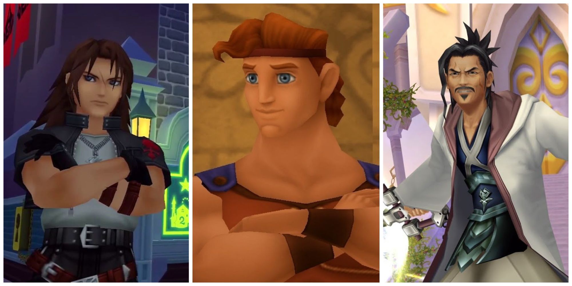 Collage of three characters; Leon with arms crossed, Hercules with arms crossed, and Eraqus looking severe