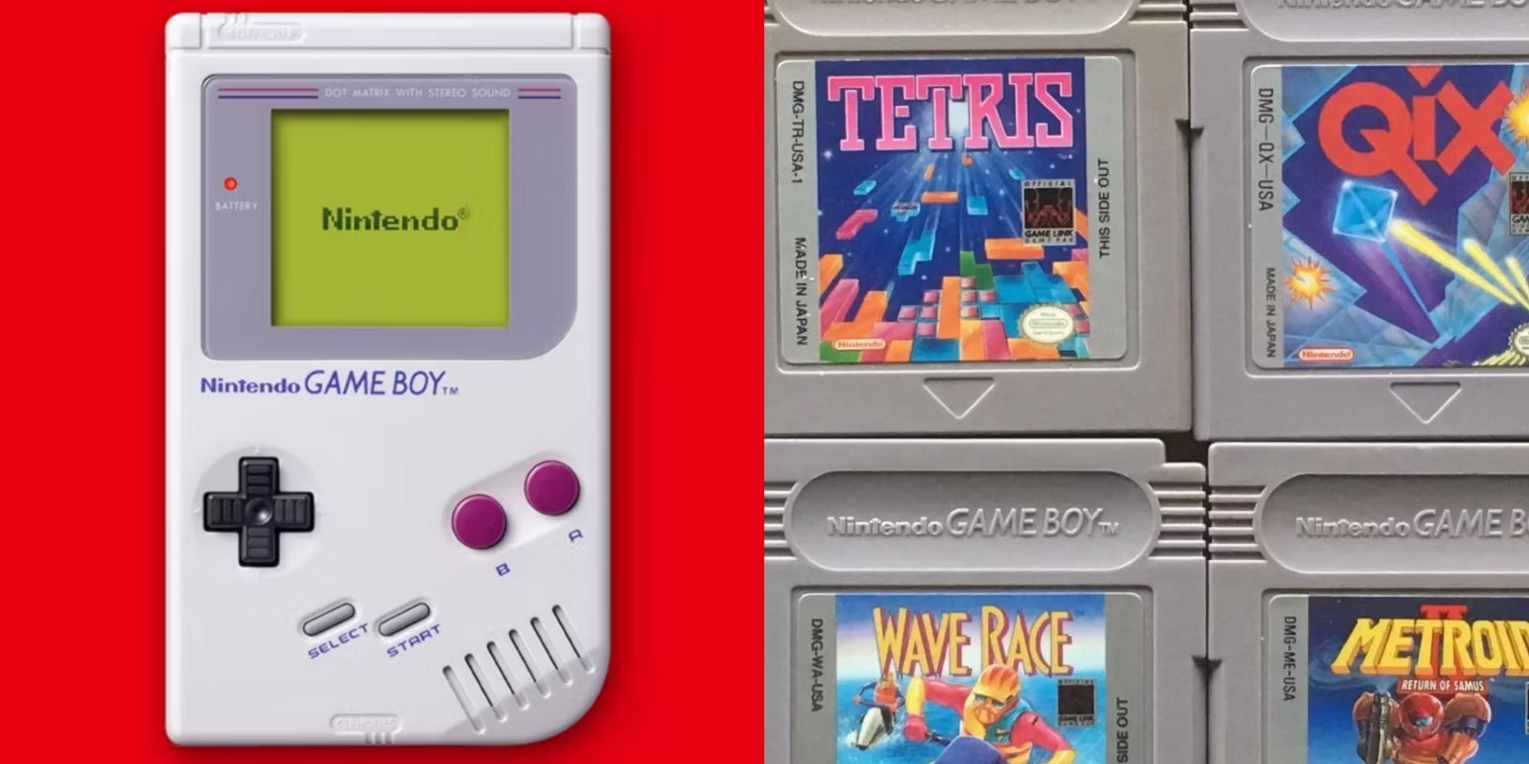 A Game Boy next to several Game Boy game cartridges