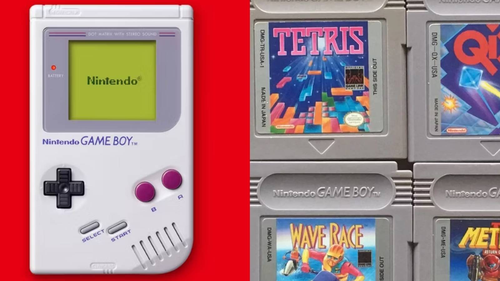A Game Boy next to several Game Boy game cartridges