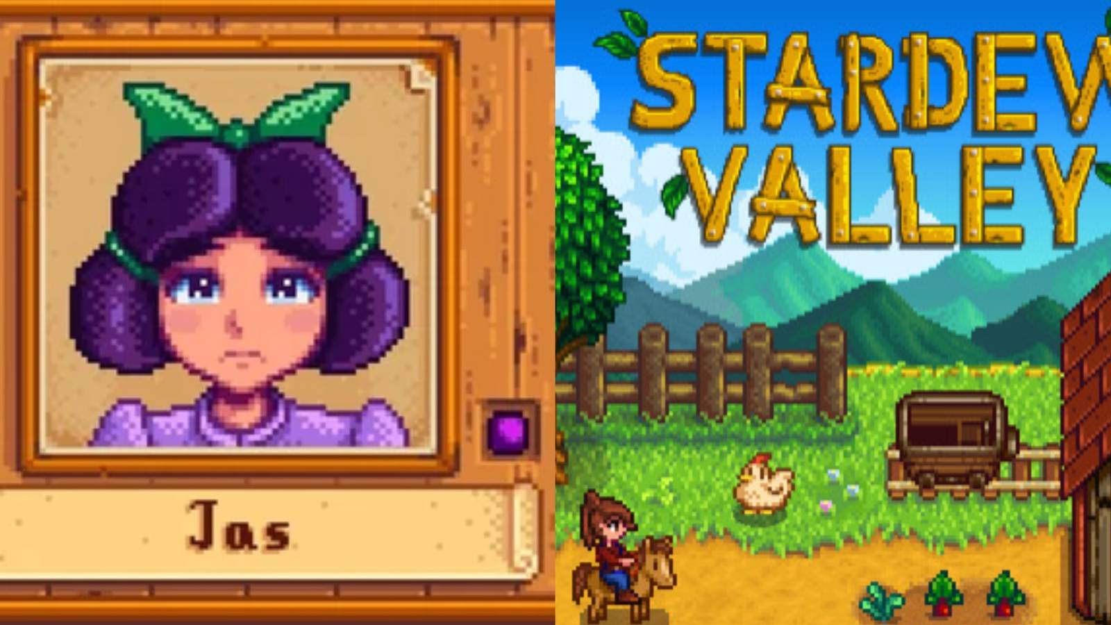 Jas from Stardew Valley next to the game's main screen.