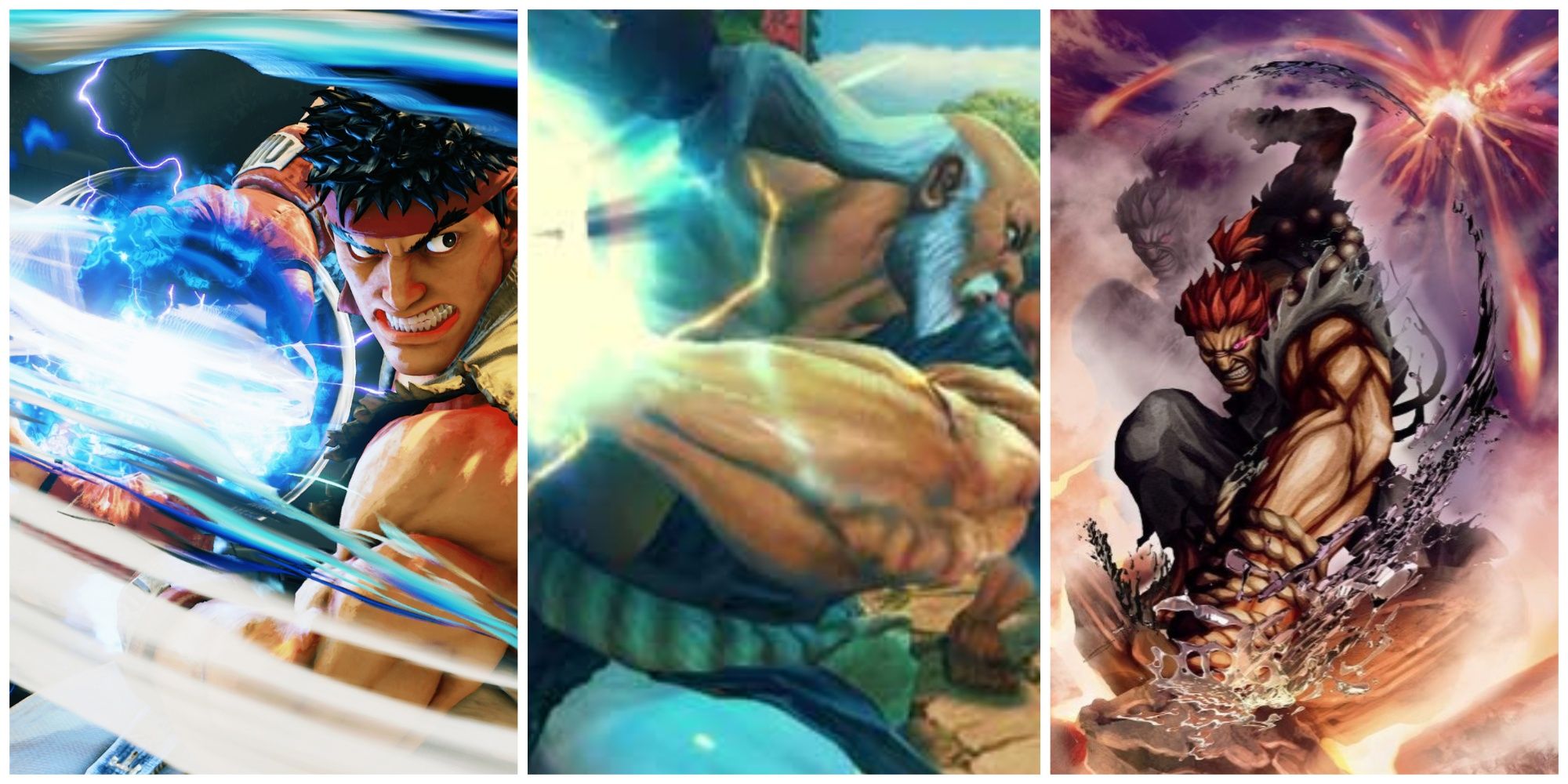 Ryu using a powerful Hadoken in SFV, Gouken using Denjin Hadoken in SFIV, Akuma official art from Street Fighter X Tekken