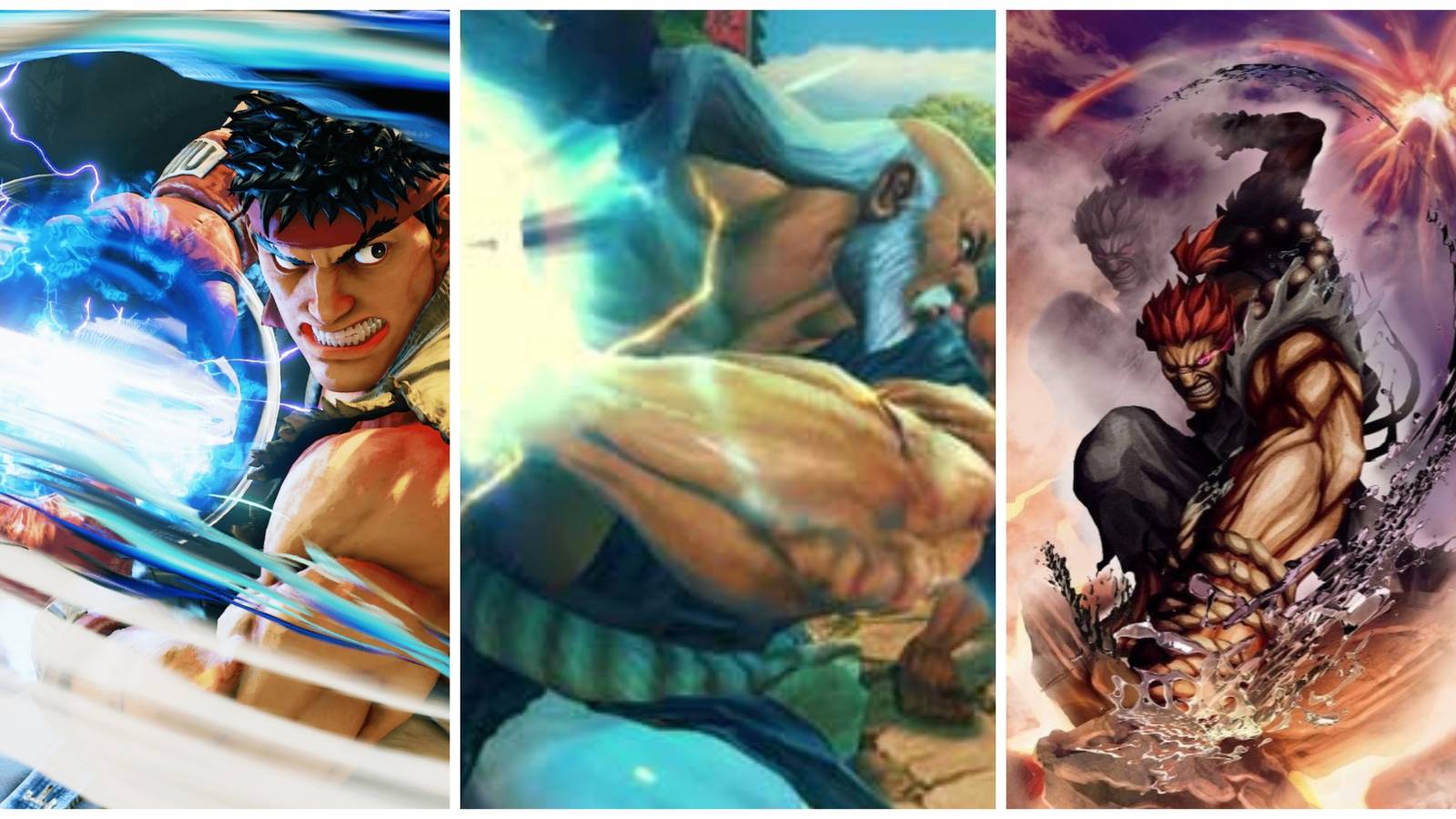 Ryu using a powerful Hadoken in SFV, Gouken using Denjin Hadoken in SFIV, Akuma official art from Street Fighter X Tekken