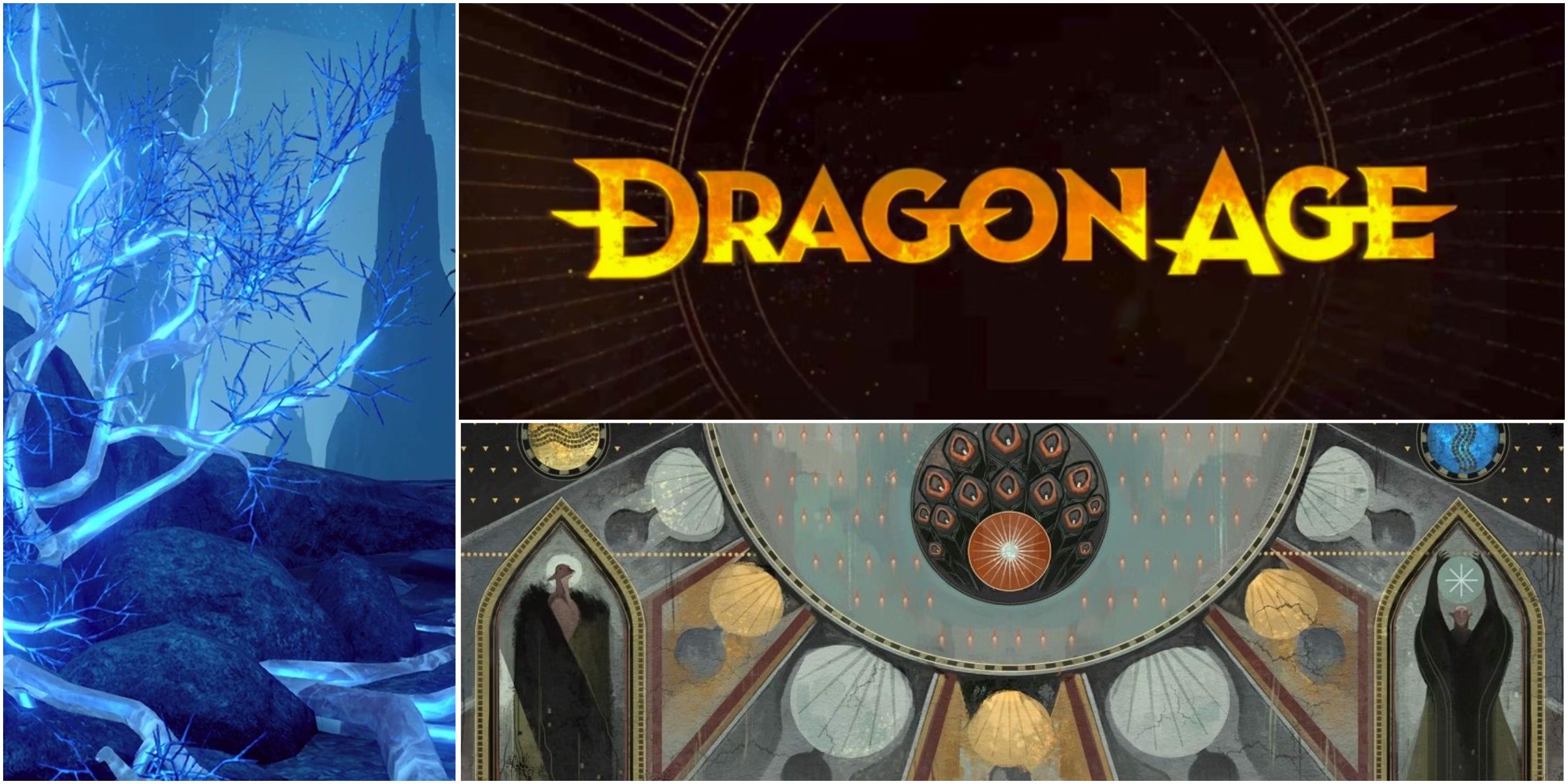 A split image featuring the Dragon Age logo, a blue environment, and a stain glass window