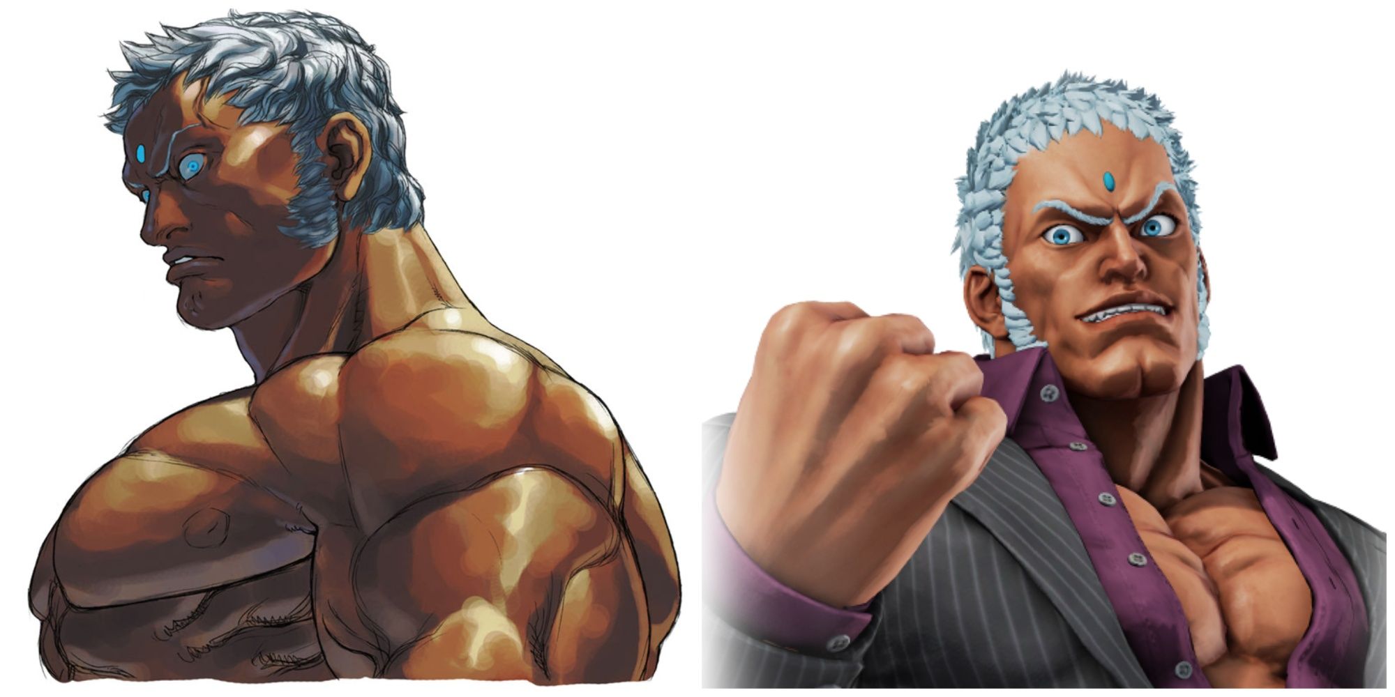 Urien naked (in Street Fighter III) and clothed (in Street Fighter V)