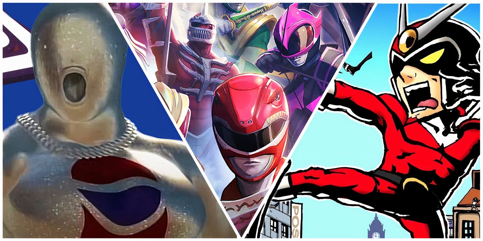 Left: Pepsi Man. Center: The Red Power Ranger, Ranger Slauer, and Lord Zedd. Right: Viewtiful Joe