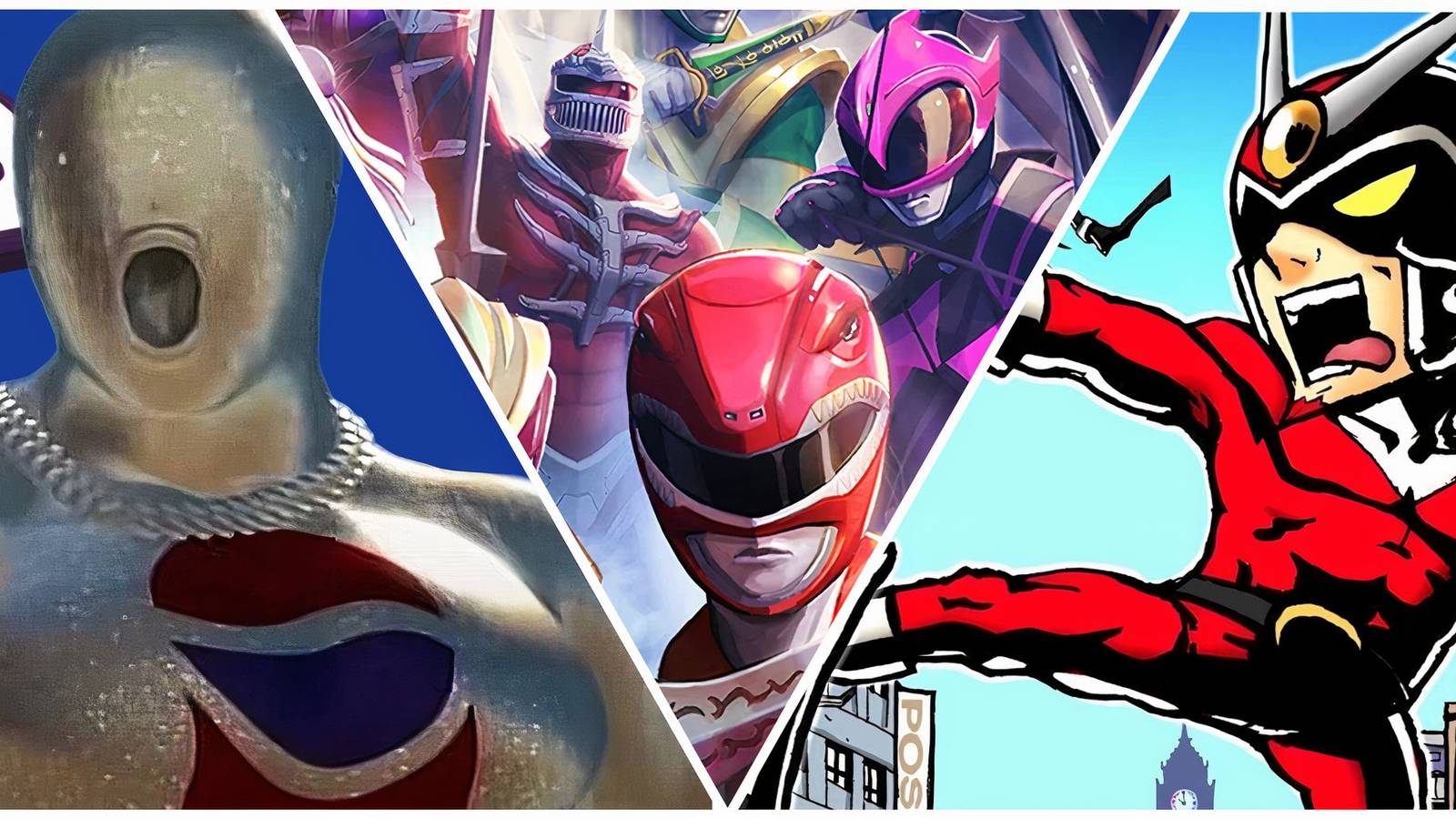 Left: Pepsi Man. Center: The Red Power Ranger, Ranger Slauer, and Lord Zedd. Right: Viewtiful Joe