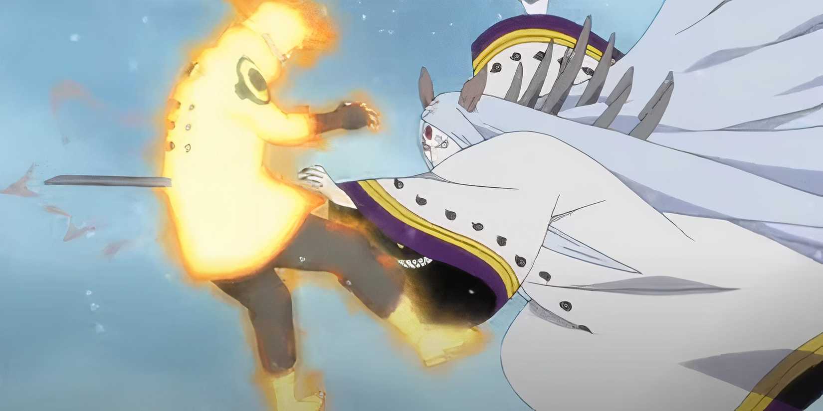 Kaguya Otsutsuki stabs Naruto with the All-Killing Ash Bone technique in Naruto: Shippuden