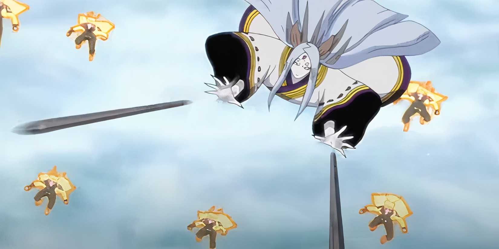 Kaguya is shooting her All-Killing Ash Bones at Naruto's clones in Naruto: Shippuden.