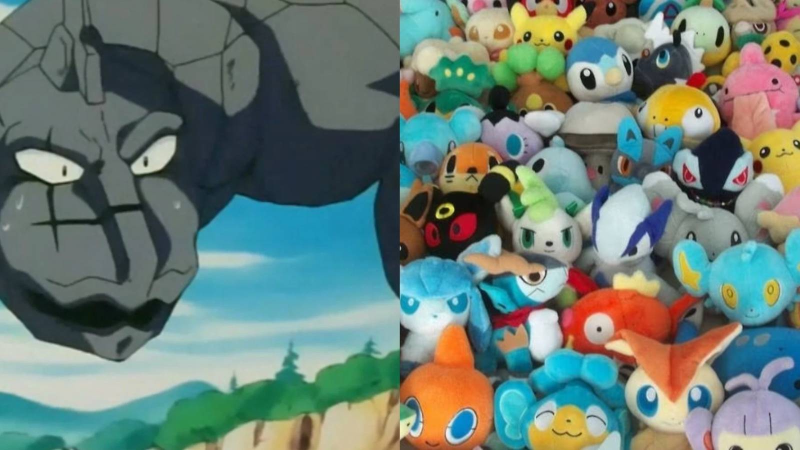 Onix from Pokemon next to a variety of different Pokemon plushies.