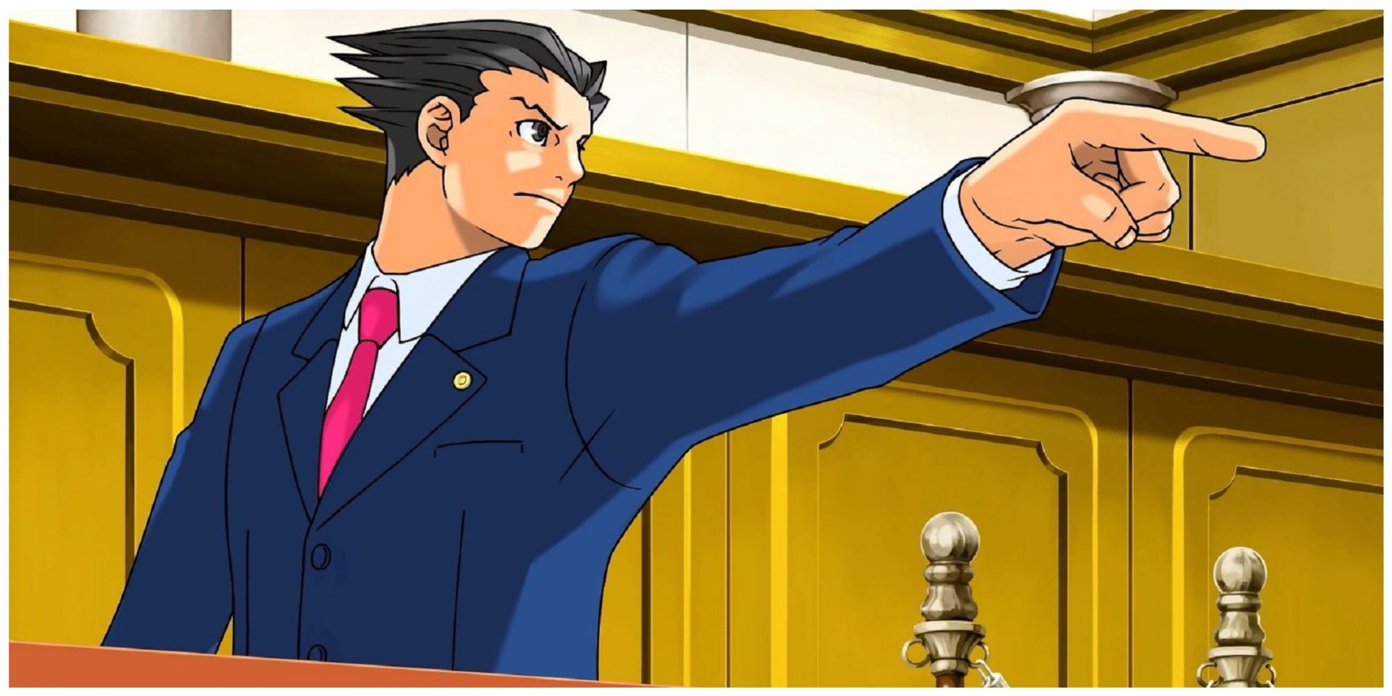 Phoenix Wright preparing to object in court, raising his finger