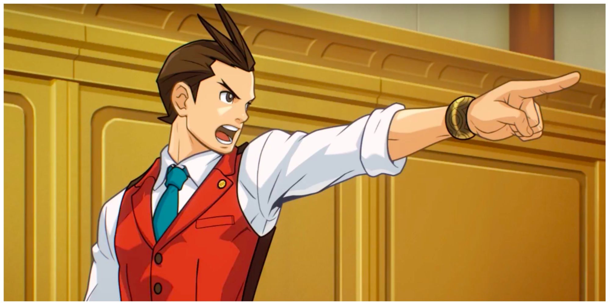 Apollo Justice objecting in court, raising a pointed finger